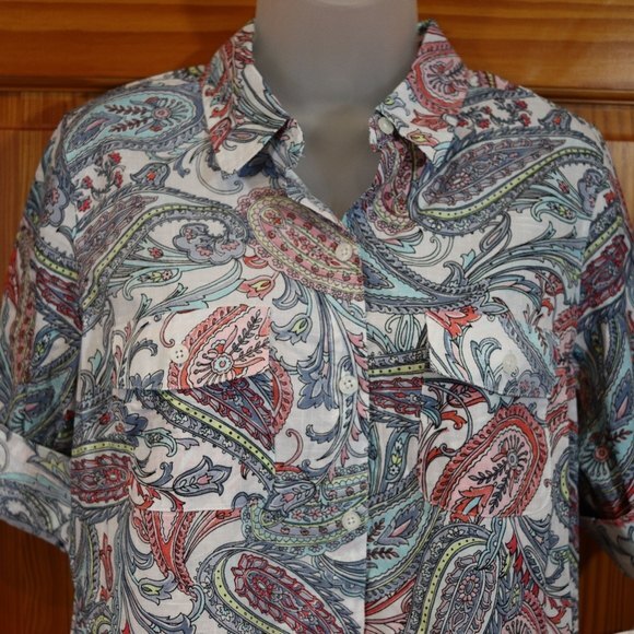 Croft & Barrow Paisley Cuff Sleeve 100% Cotton Button Down Top Med - Picture 2 of 12